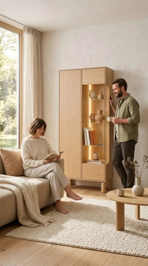 Witryna Sanden SN-4 89 × 197 cm - Dąb Bookmatch, opcja LED
