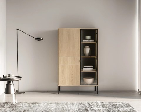 Barnee 01-001 witryna z dymionym szkłem i LED - dąb Lindberg z czarnymi detalami