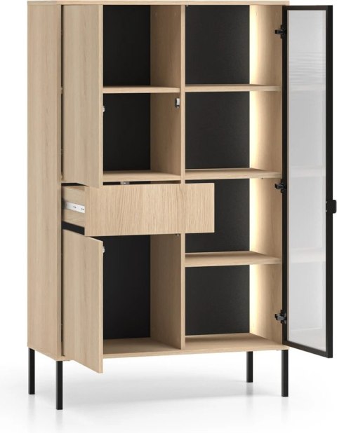 Barnee 01-001 witryna z dymionym szkłem i LED - dąb Lindberg z czarnymi detalami
