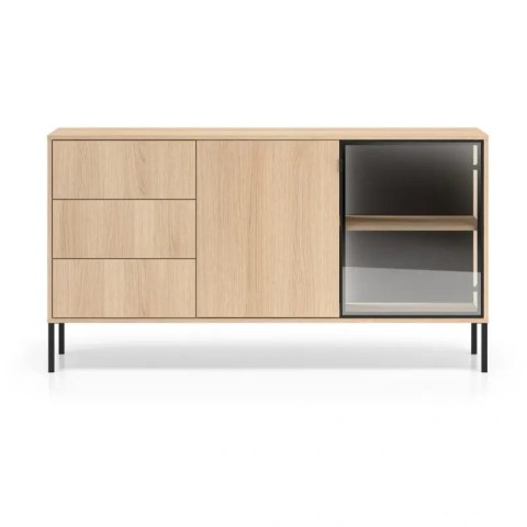 Barnee 02-001 komoda szeroka z dymionym szkłem i LED - dąb Lindberg z czarnymi detalami
