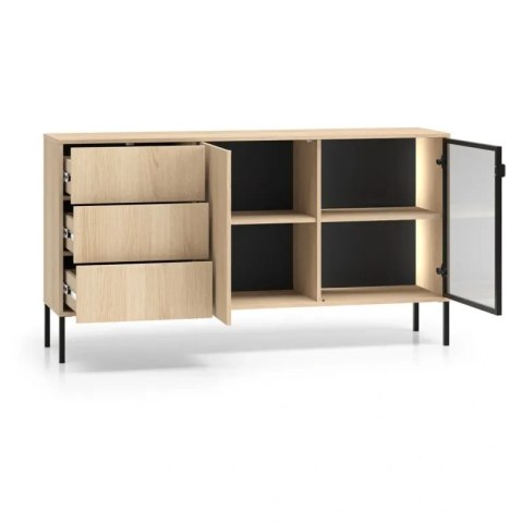 Barnee 02-001 komoda szeroka z dymionym szkłem i LED - dąb Lindberg z czarnymi detalami