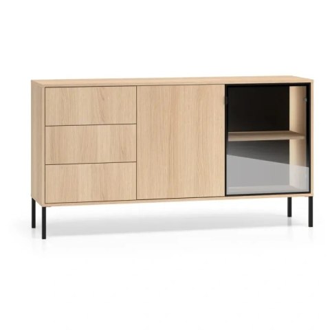 Barnee 02-001 komoda szeroka z dymionym szkłem i LED - dąb Lindberg z czarnymi detalami