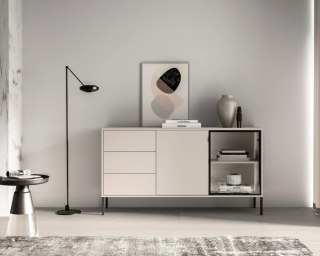 Barnee 02-002 komoda szeroka z dymionym szkłem i LED - kaszmir z czarnymi detalami