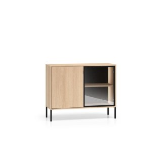 Barnee 03-001 komoda z witryną z dymionym szkłem i LED - dąb Lindberg z czarnymi detalami