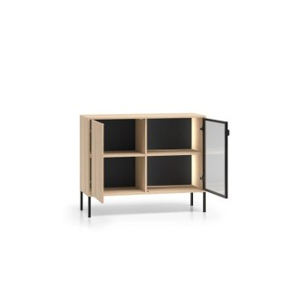 Barnee 03-001 komoda z witryną z dymionym szkłem i LED - dąb Lindberg z czarnymi detalami
