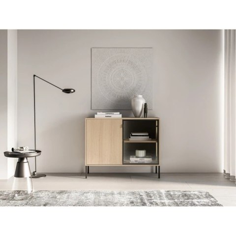 Barnee 03-001 komoda z witryną z dymionym szkłem i LED - dąb Lindberg z czarnymi detalami