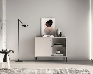 Barnee 03-002 komoda z witryną z dymionym szkłem i LED - kaszmir z czarnymi detalami