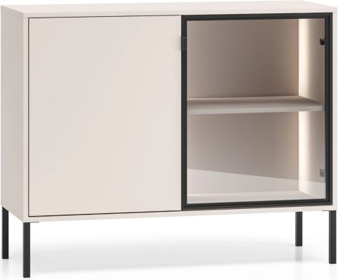 Barnee 03-002 komoda z witryną z dymionym szkłem i LED - kaszmir z czarnymi detalami