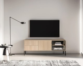Barnee 04-001 szafka rtv z dymionym szkłem i LED - dąb Lindberg z czarnymi detalami
