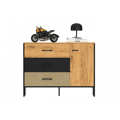 Komoda szeroka z szafką COLT 06 - dąb Craft złoty / czarny / stal premium