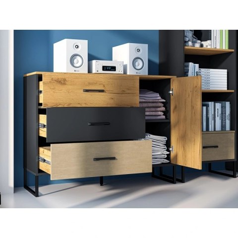Komoda szeroka z szafką COLT 06 - dąb Craft złoty / czarny / stal premium