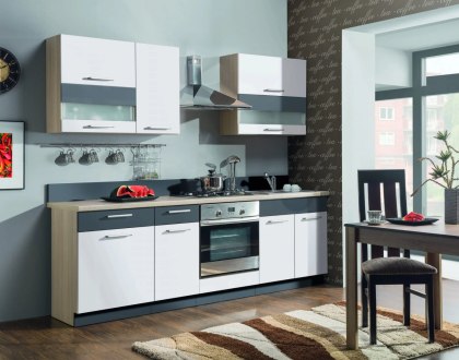 Kuchnia Modena 240 cm z blatem - Biały połysk / grafit mat