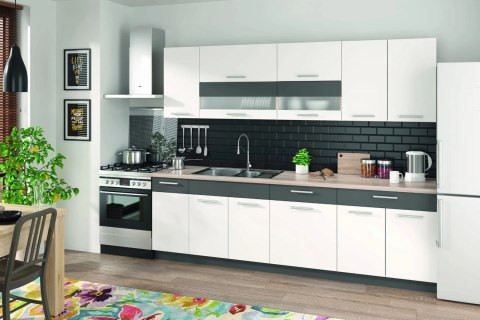 Kuchnia Modena 260 cm z blatem - Biały połysk / grafit mat