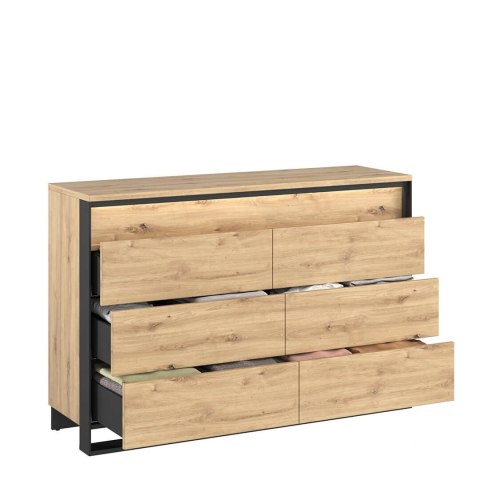 Komoda Quant QS-04 133 cm z 6 szufladami i LED - dąb artisan / czarny