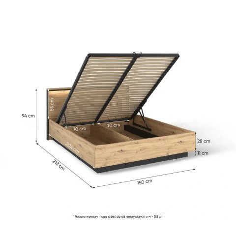 Łóżko Quant QS-02 140x200 z pojemnikiem i LED - dąb artisan / czarny
