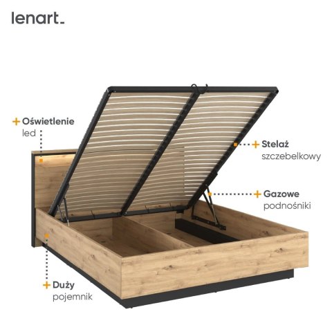 Łóżko Quant QS-02 180x200 z pojemnikiem i LED - dąb artisan / czarny