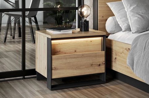 Stolik nocny Quant QS-03 z 2 szufladami i LED - dąb artisan / czarny