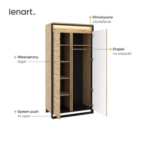 Szafa Quant QA-01 95 cm z drążkiem, półkami i LED - dąb artisan / czarny