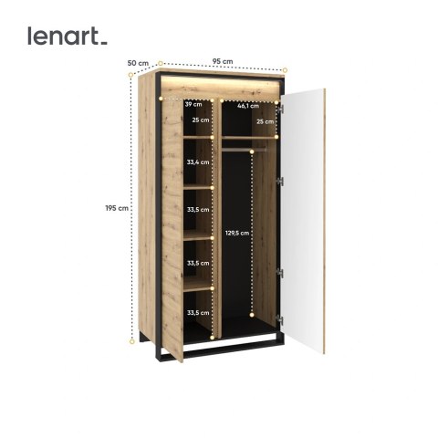 Szafa Quant QA-01 95 cm z drążkiem, półkami i LED - dąb artisan / czarny