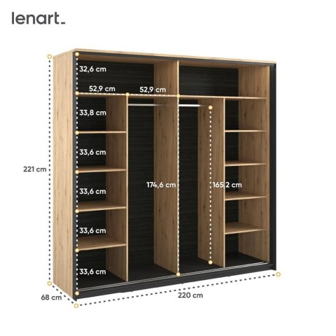 Szafa przesuwna Quant QS-01 220 cm z lustrem i LED - dąb artisan / czarny
