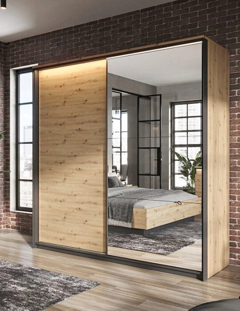 Szafa przesuwna Quant QS-01 220 cm z lustrem i LED - dąb artisan / czarny