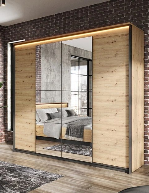 Szafa uchylna Quant QS-05 250 cm z lustrem i LED - dąb artisan / czarny