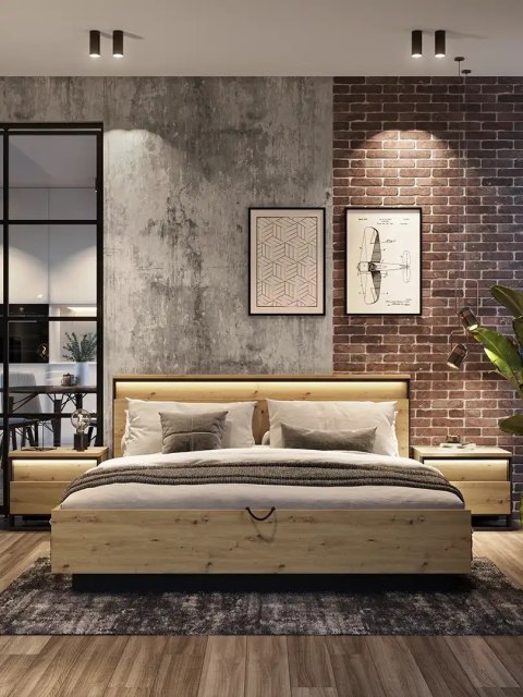 Zestaw mebli Quant 160 cm - łóżko + 2 stoliki nocne - dąb artisan / czarny