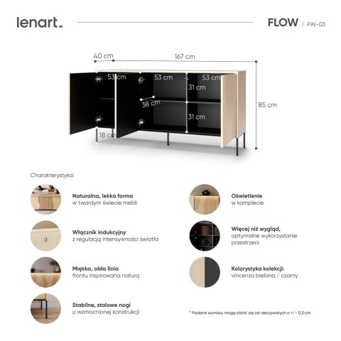 Komoda Flow FW-03 167 cm 3D z oświetleniem LED - dąb vincenza bielona / czarny