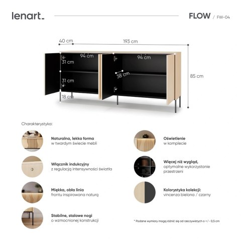 Komoda Flow FW-04 193 cm 4D z oświetleniem LED - dąb vincenza bielona / czarny