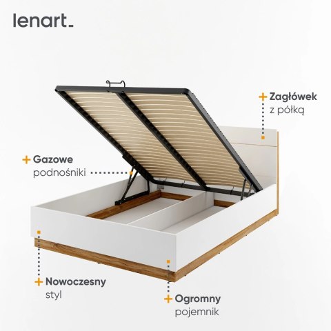 Łóżko Dentro DT-02 160x200 z pojemnikiem, stelażem i LED - biały / dąb Stirling