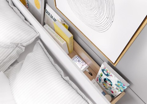 Łóżko Dentro DT-02 160x200 z pojemnikiem, stelażem i LED - biały / dąb Stirling