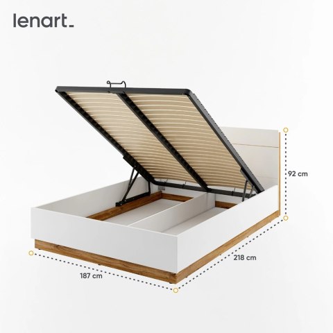 Łóżko Dentro DT-02 180x200 z pojemnikiem, stelażem i LED - biały / dąb Stirling