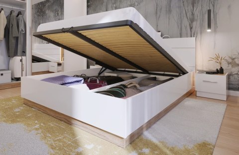 Łóżko Dentro DT-02 180x200 z pojemnikiem, stelażem i LED - biały / dąb Stirling