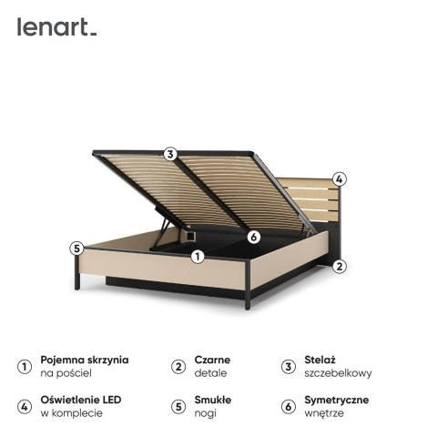 Łóżko Enna EN-02 160x200 ze stelażem i LED - beż / czarny / dąb Vincenza