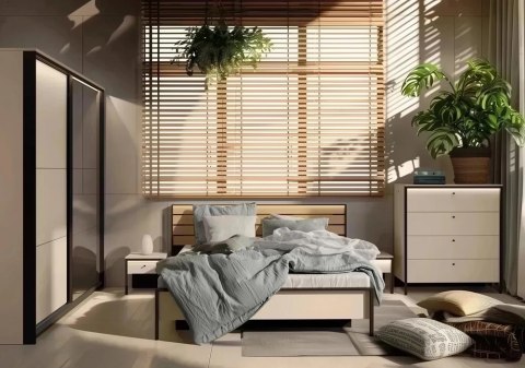 Łóżko Enna EN-02 160x200 ze stelażem i LED - beż / czarny / dąb Vincenza