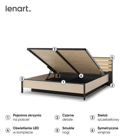 Łóżko Enna EN-02 180x200 ze stelażem i LED - beż / czarny / dąb Vincenza