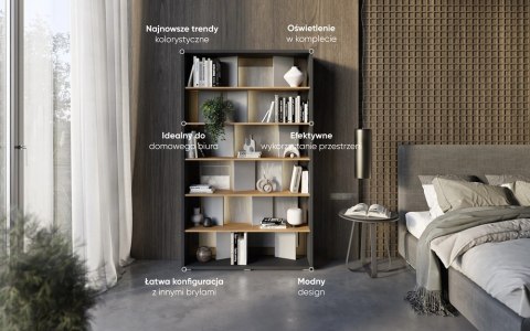 Regał Fitt FP-01 125 cm z oświetleniem LED - grafit / dąb linearny / natura / szary