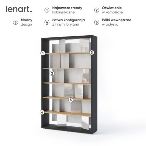 Regał Fitt FP-01 125 cm z oświetleniem LED - grafit / dąb linearny / szary połysk