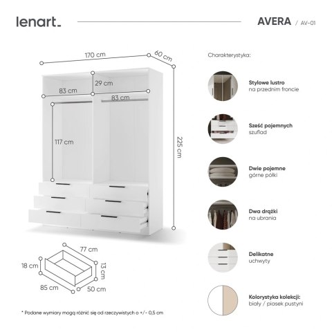 Szafa Avera AV-01 170 cm z lustrem i 6 szufladami - biała