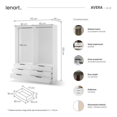 Szafa Avera AV-01 170 cm z lustrem i 6 szufladami - biała