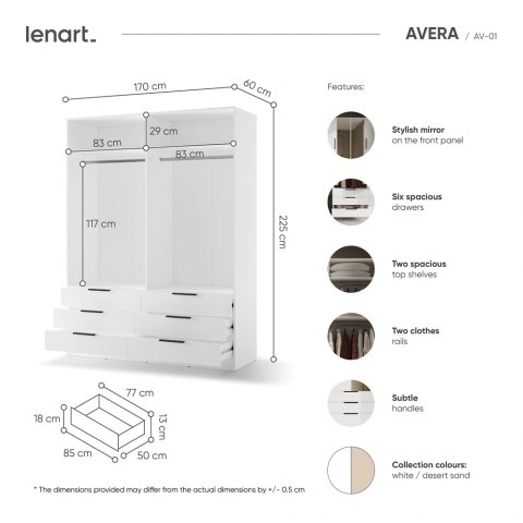 Szafa Avera AV-01 170 cm z lustrem i 6 szufladami - biała