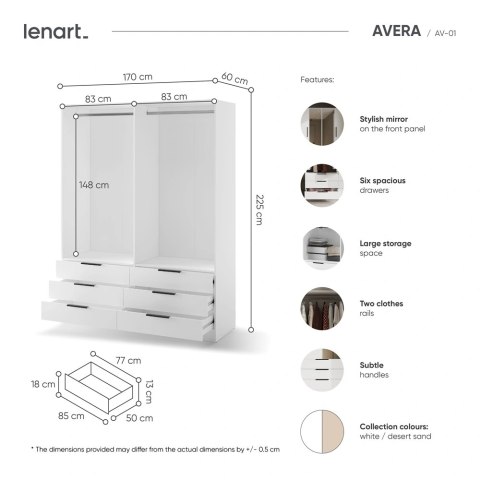 Szafa Avera AV-01 170 cm z lustrem i 6 szufladami - biała
