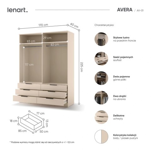 Szafa Avera AV-01 170 cm z lustrem i 6 szufladami - piasek pustyni