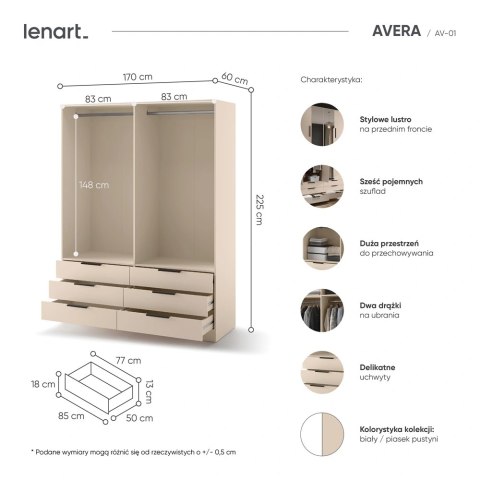 Szafa Avera AV-01 170 cm z lustrem i 6 szufladami - piasek pustyni