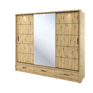 Szafa przesuwna Arti AR-01P 250 cm z lustrami, z 3 szufladami, z oświetleniem LED - dąb artisan