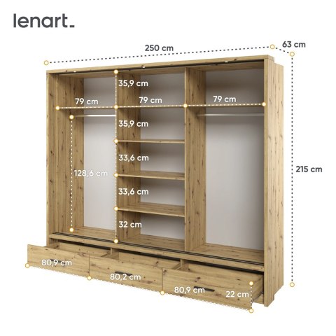 Szafa przesuwna Arti AR-01P 250 cm z lustrami, z 3 szufladami, z oświetleniem LED - dąb artisan