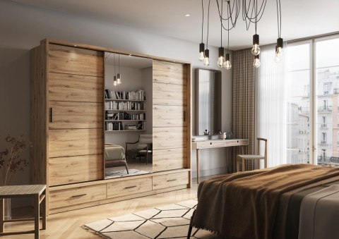 Szafa przesuwna Arti AR-01P 250 cm z lustrami, z 3 szufladami, z oświetleniem LED - dąb artisan