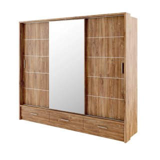 Szafa przesuwna Arti AR-01P 250 cm z lustrami, z 3 szufladami, z oświetleniem LED - dąb styrling