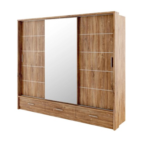 Szafa przesuwna Arti AR-01P 250 cm z lustrami, z 3 szufladami, z oświetleniem LED - dąb styrling