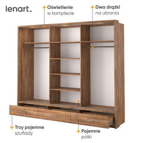 Szafa przesuwna Arti AR-01P 250 cm z lustrami, z 3 szufladami, z oświetleniem LED - dąb styrling